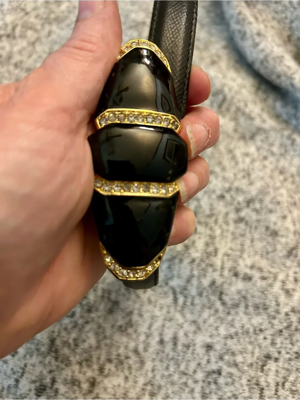 Vintage Gail Labelle 80s Jeweled Belt Black Leather Thin Belt Statement Buckle